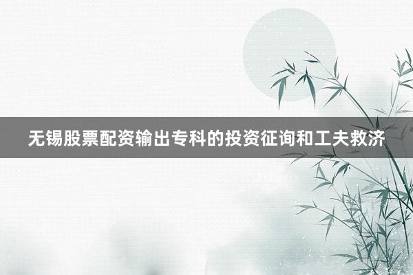 无锡股票配资输出专科的投资征询和工夫救济